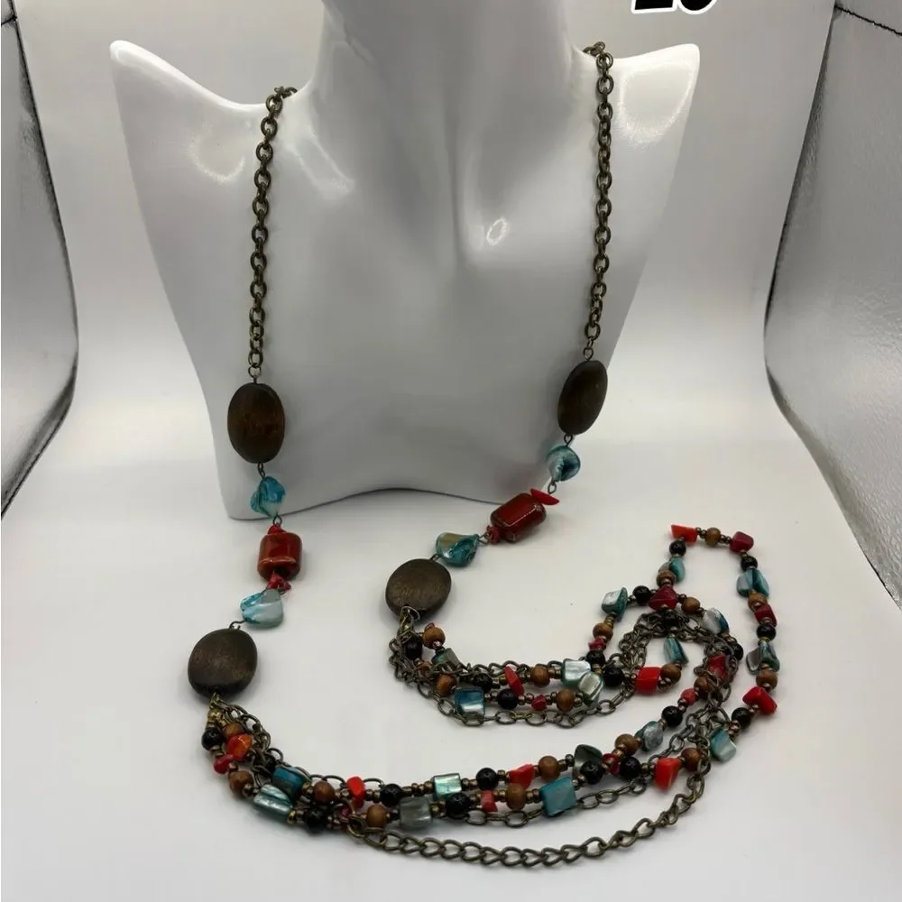 Vintage Multi-strand Necklace Features Wooden Beads, Glass, and Ceramic Accents